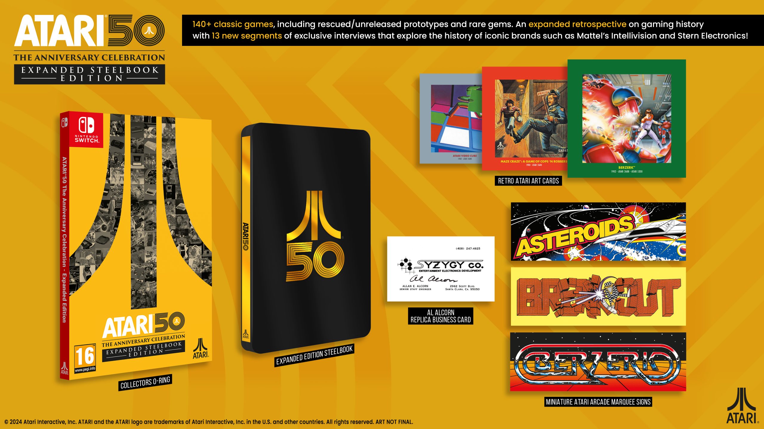 Atari 50: The Anniversary Collection Expanded Edition Steelbook version for Nintendo Switch includes Atari 2600 art cards, miniature arcade marquee signs, an Al Alcorn Replica Syzygy Co. business card, and a Steelbook case.