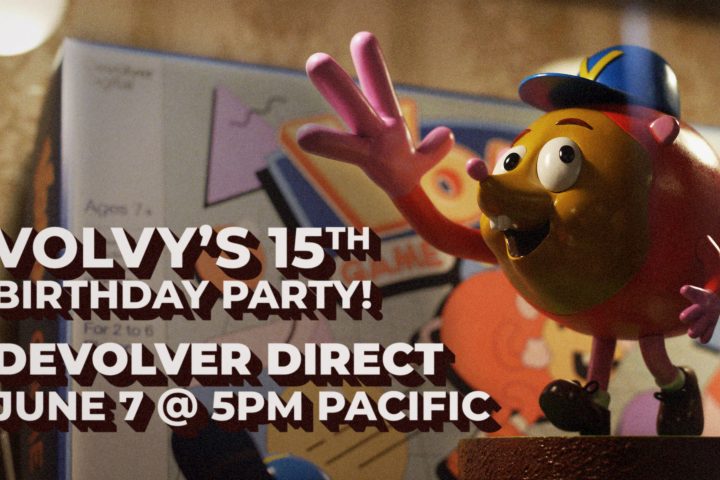An image of Volvy, a mole/potato-like creature. It reads: Volvy's 15th birthday bash! Devolver Direct, June 7 @ 5 p.m. Pacific