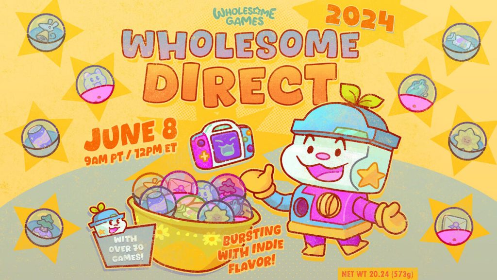 Artwork for Wholesome Games' Wholesome Direct, June 8 at 9 a.m. PT. With over 70 games, it's bursting with indie flavour!
