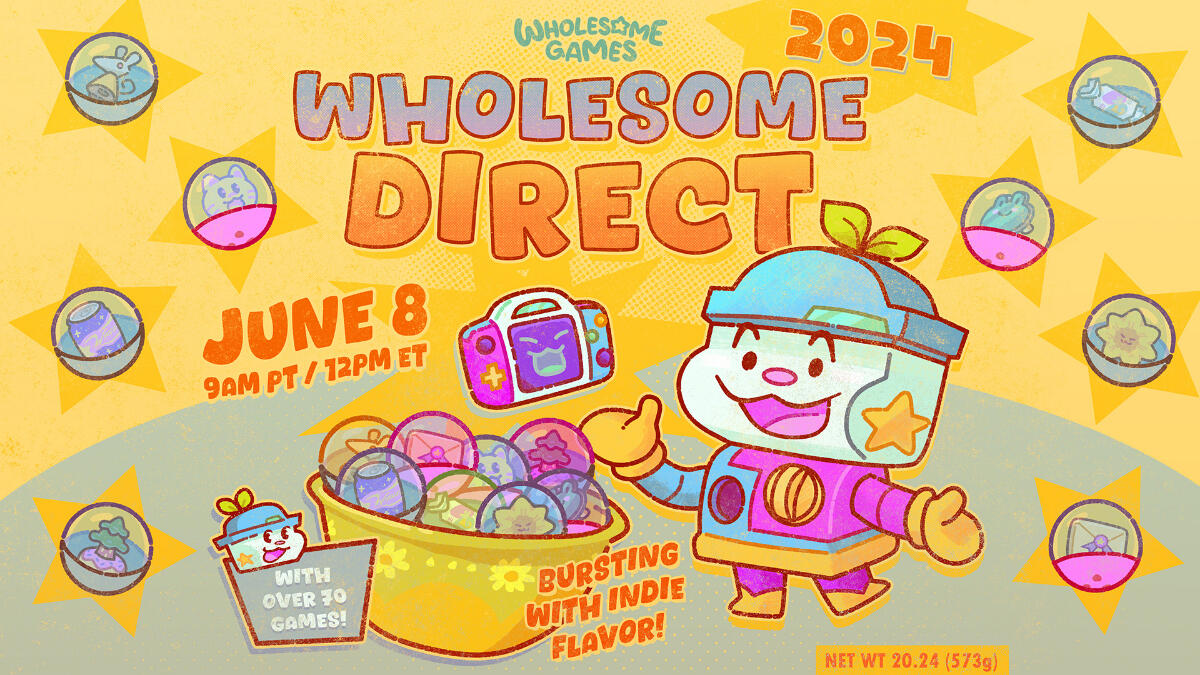 Artwork for Wholesome Games' Wholesome Direct, June 8 at 9 a.m. PT. With over 70 games, it's bursting with indie flavour!