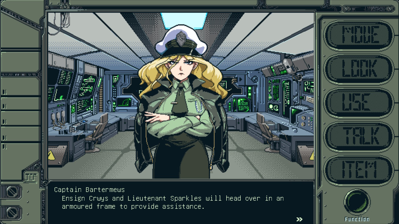 A screenshot from Stories from Sol: The Gun-Dog. A spaceship's captain stands with her arms crossed on the bridge. She's Captain Bartermews, saying, "Ensign Cruys and Lieutenant Sparkles will head over in an armoured frame to provide assistance."