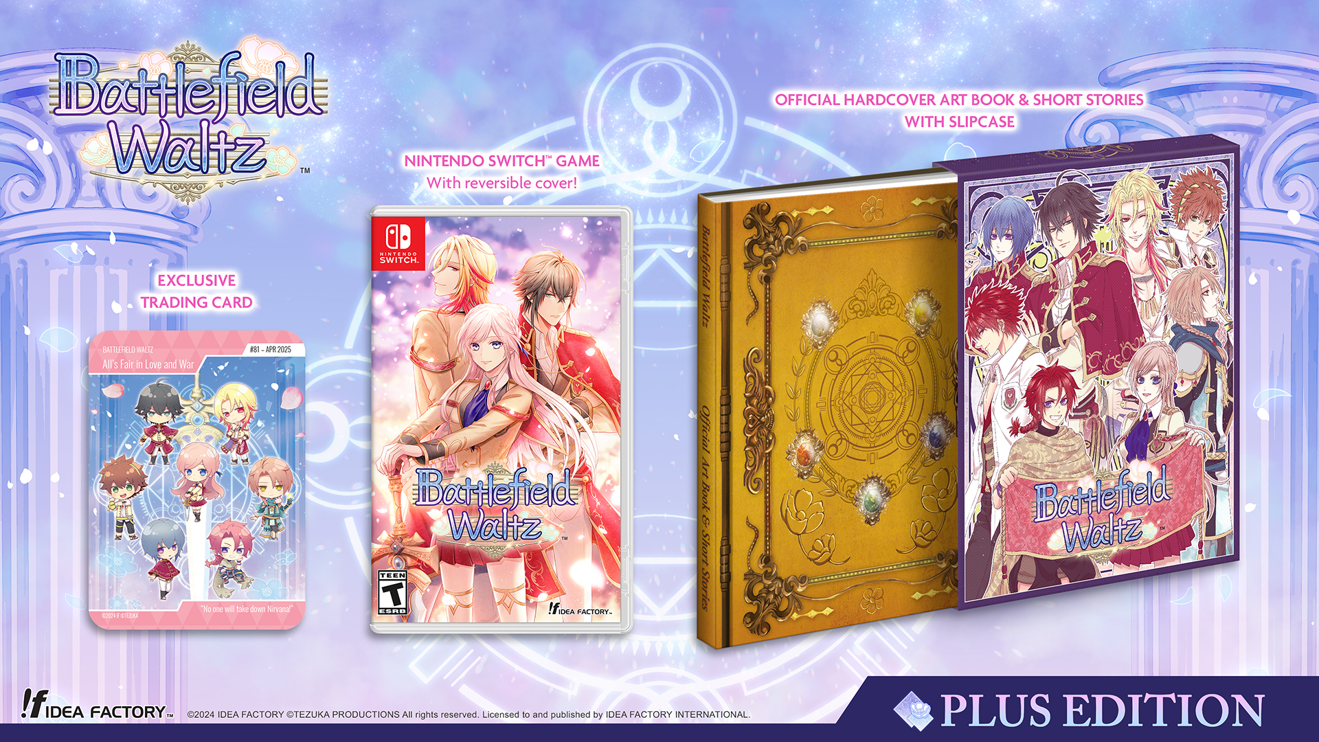 The Plus Edition of Battlefield Waltz. It includes a physical copy of the game, a book containing art and short stories, a reversible cover sleeve,a trading card, and a reversible sleeve.