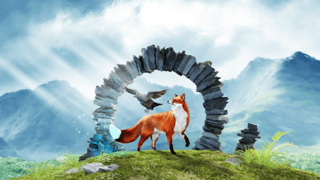The key art for Spirit of the North 2, with no logo. A fox stands beneath a stone arch. A large black bird is also hovering between the arch and the fox. The grass below them is green, and there are mountains in the background.