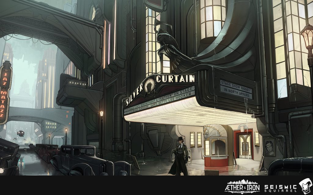A sketch of a location in Aether & Iron. It shows the outside of the Silver Curtain theatre. A figure with a hat and a long, dark coat waits outside as cars pass by.