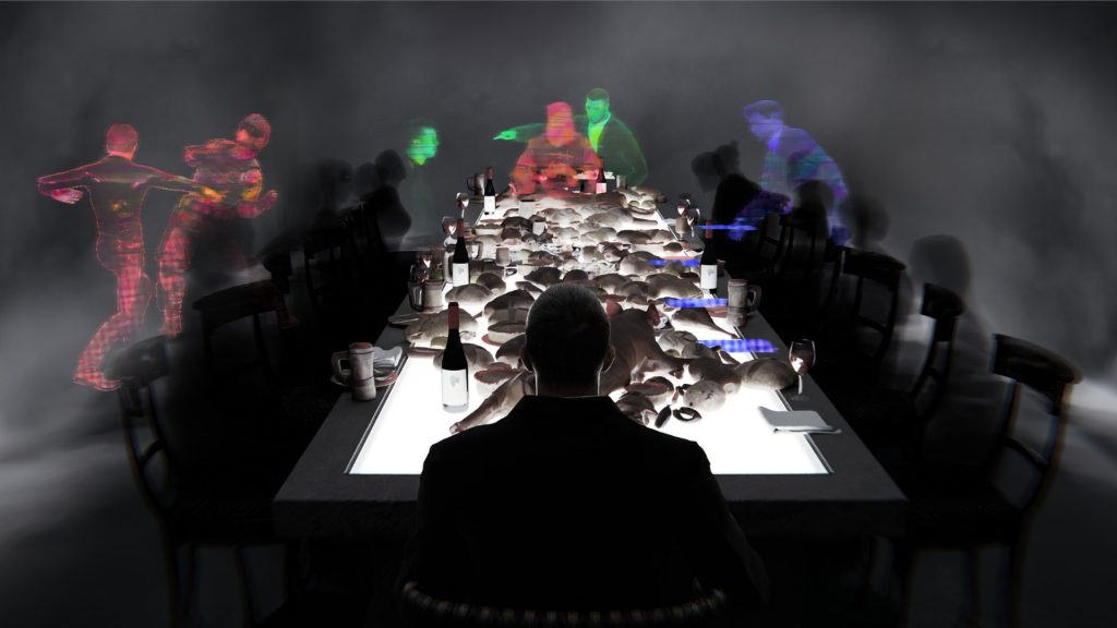A screenshot of the banquet scene in Hail Macbeth.