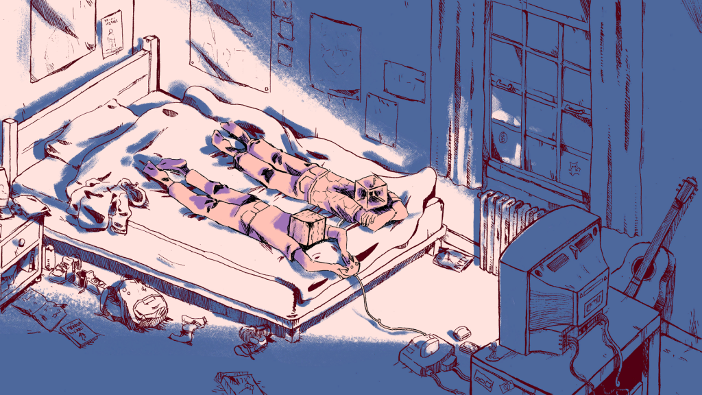 A screenshot from Wednesdays, labelled "Felda." Two people with boxes for heads are laying in bed on their stomachs, playing video games.