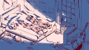A screenshot from Wednesdays, labelled "Felda." Two people with boxes for heads are laying in bed on their stomachs, playing video games.