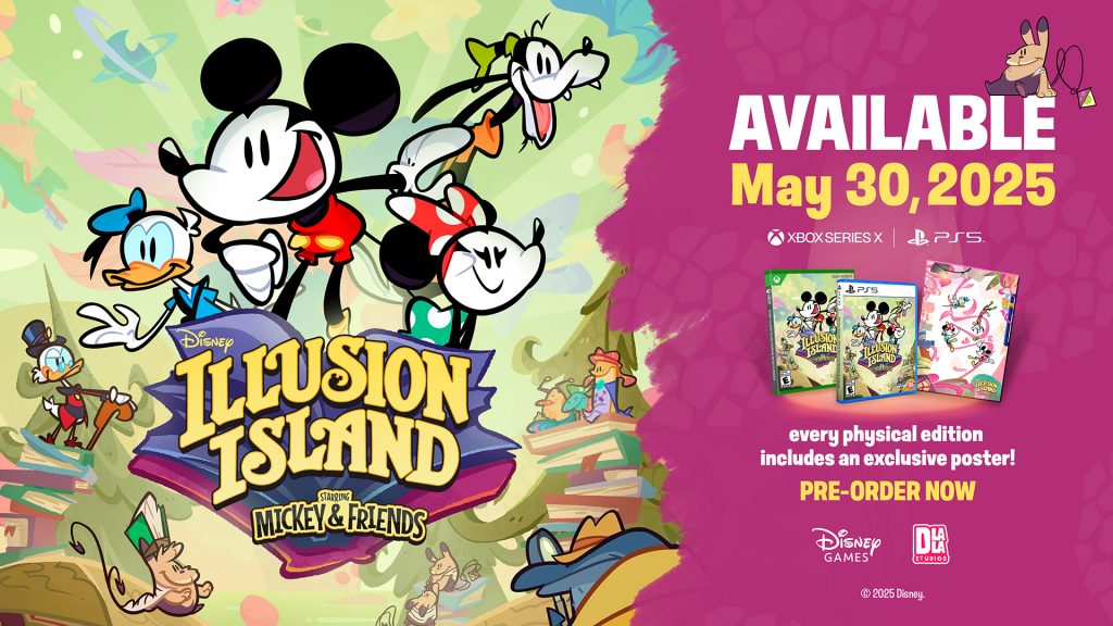 The key art, box art, and release date (May 30) for Disney Illusion Island Starring Mickey & Friends.