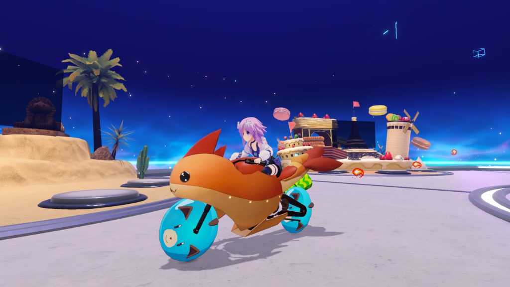 A screenshot of an orange and blue motorbike in Neptunia Riders VS Dogoos.