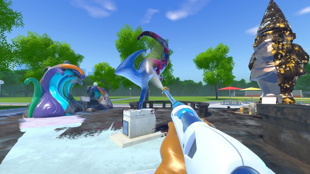 A screenshot from PowerWash Simulator's final update, The Muckingham Files 6. It is viewed in first-person, with the player holding a white powerwasher and cleaning a shiny statue.
