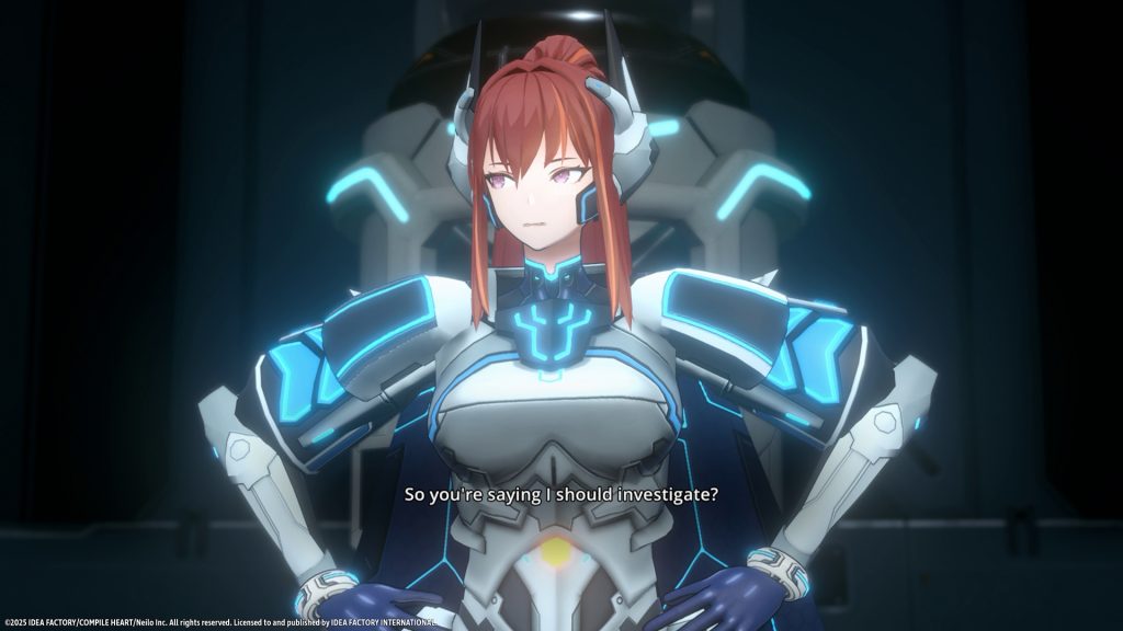 A screenshot from Scar-Lead Salvation. A woman with brown hair wearing bulky silver and blue armour says, "So you're saying I should investigate?"