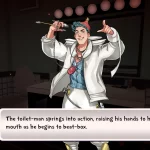A screenshot from Date Everything! A white man wearing a white toilet-shaped coat and a plunger on his head - and holding a ballcock - looks ready to rap. The text reads, "The toilet-man springs into action, raising his hands to his mouth as he begins to beat-box."