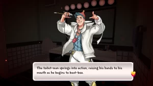A screenshot from Date Everything! A white man wearing a white toilet-shaped coat and a plunger on his head - and holding a ballcock - looks ready to rap. The text reads, "The toilet-man springs into action, raising his hands to his mouth as he begins to beat-box."