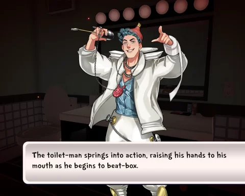 A screenshot from Date Everything! A white man wearing a white toilet-shaped coat and a plunger on his head - and holding a ballcock - looks ready to rap. The text reads, "The toilet-man springs into action, raising his hands to his mouth as he begins to beat-box."