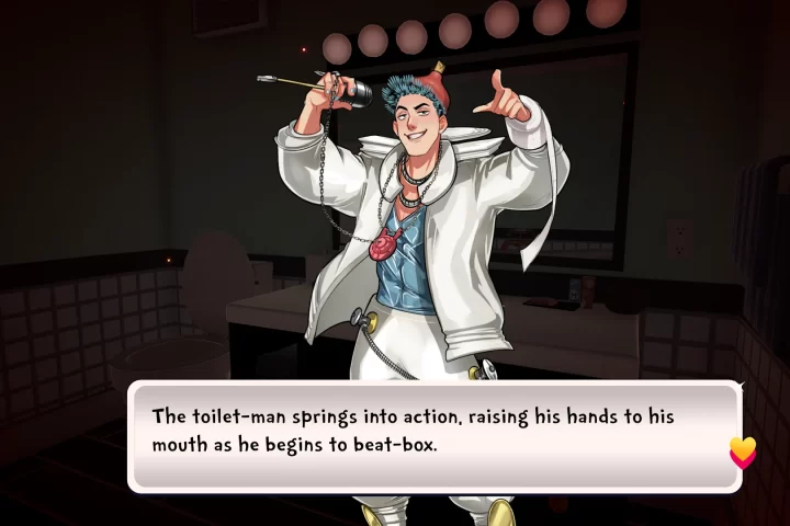 A screenshot from Date Everything! A white man wearing a white toilet-shaped coat and a plunger on his head - and holding a ballcock - looks ready to rap. The text reads, "The toilet-man springs into action, raising his hands to his mouth as he begins to beat-box."