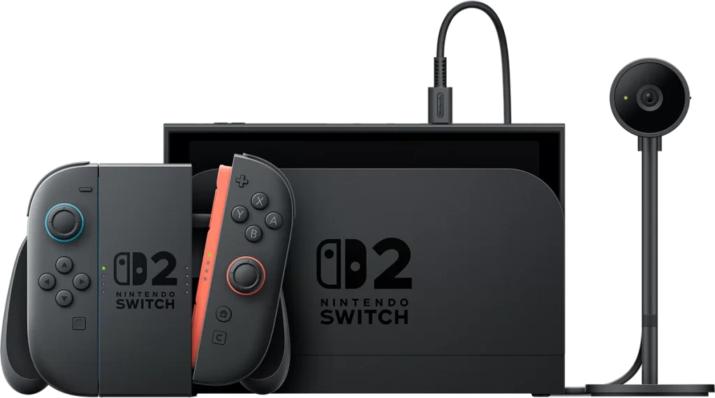 A photo of the Nintendo Switch 2 and associated peripherals
