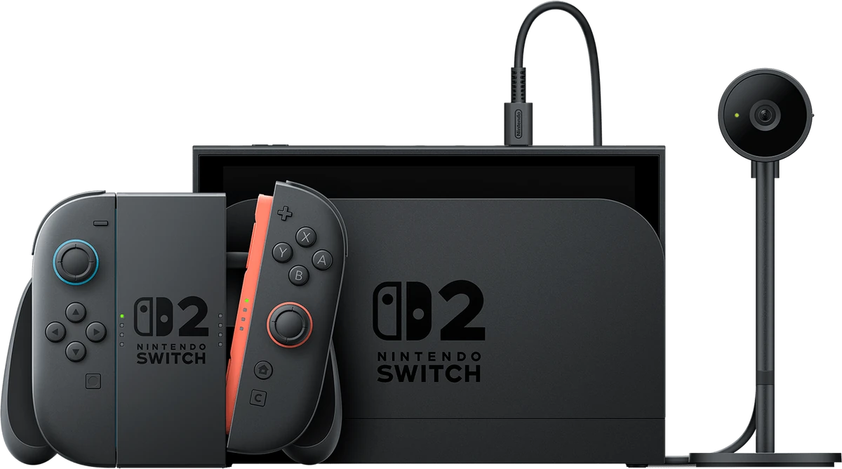 A photo of the Nintendo Switch 2 and associated peripherals
