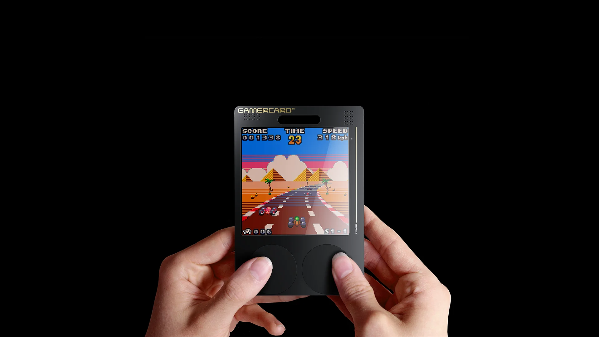 An image of two hands playing a game on a GamerCard. (Each side has been extended with the same background for ratio purposes.) ©grantsinclair.com