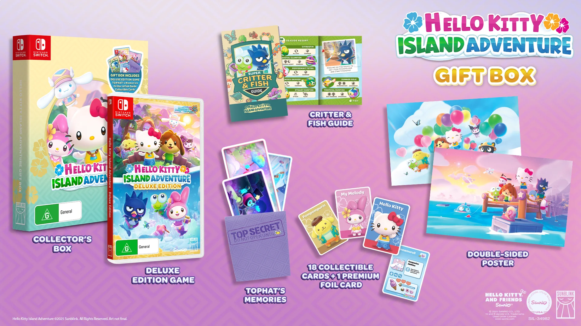 The Hello Kitty Island Adventure Gift Box Edition containing the physical Deluxe Edition, a printed Critter and Fish guide, a set of 18 plus one foil exclusive collectable cards, Tophat’s Memories, and a double-sided poster, packed into a Collector’s Box.