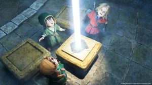 A screenshot of The Protagonist, Maribel, and Kiefer from Dragon Quest VII Reimagined. They stand around a stone pillar with a blast of white light shooting up out of it.
