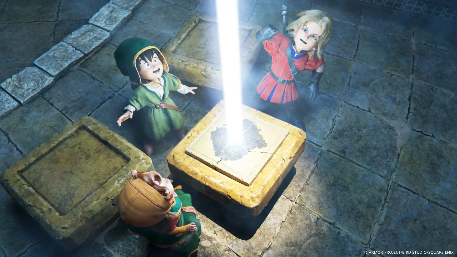 A screenshot of The Protagonist, Maribel, and Kiefer from Dragon Quest VII Reimagined. They stand around a stone pillar with a blast of white light shooting up out of it.
