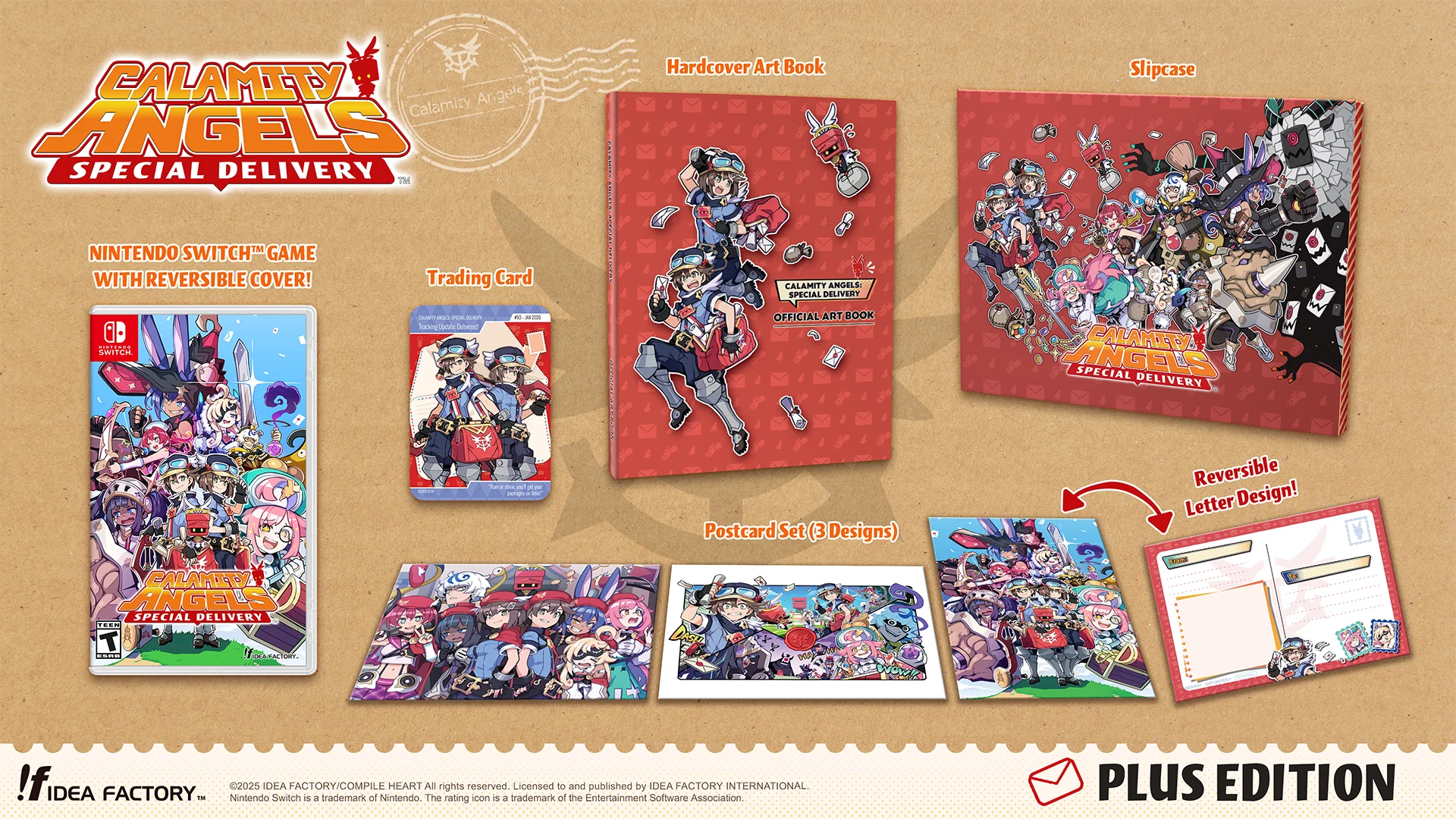 A 3D rendering of the Plus Edition of Calamity Angels: Special Delivery, provided by Idea Factory International. It includes a physical copy of the game, a 52-page hardcover art book, a 3-postcard set, a slipcase that holds the art book and postcards, a reversible game cover sleeve, and an exclusive trading card.