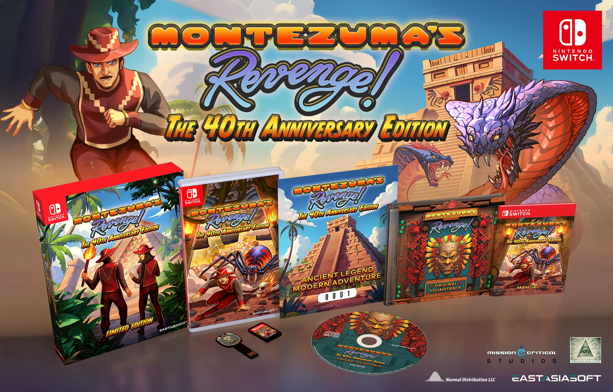 The limited physical edition of Montezuma’s Revenge - The 40th Anniversary Edition for Nintendo Switch includes a physical copy of the game, a specially branded USB drive with the PC version of the Director's Cut, a soundtrack on CD, a manual, and a numbered collector's certificate.