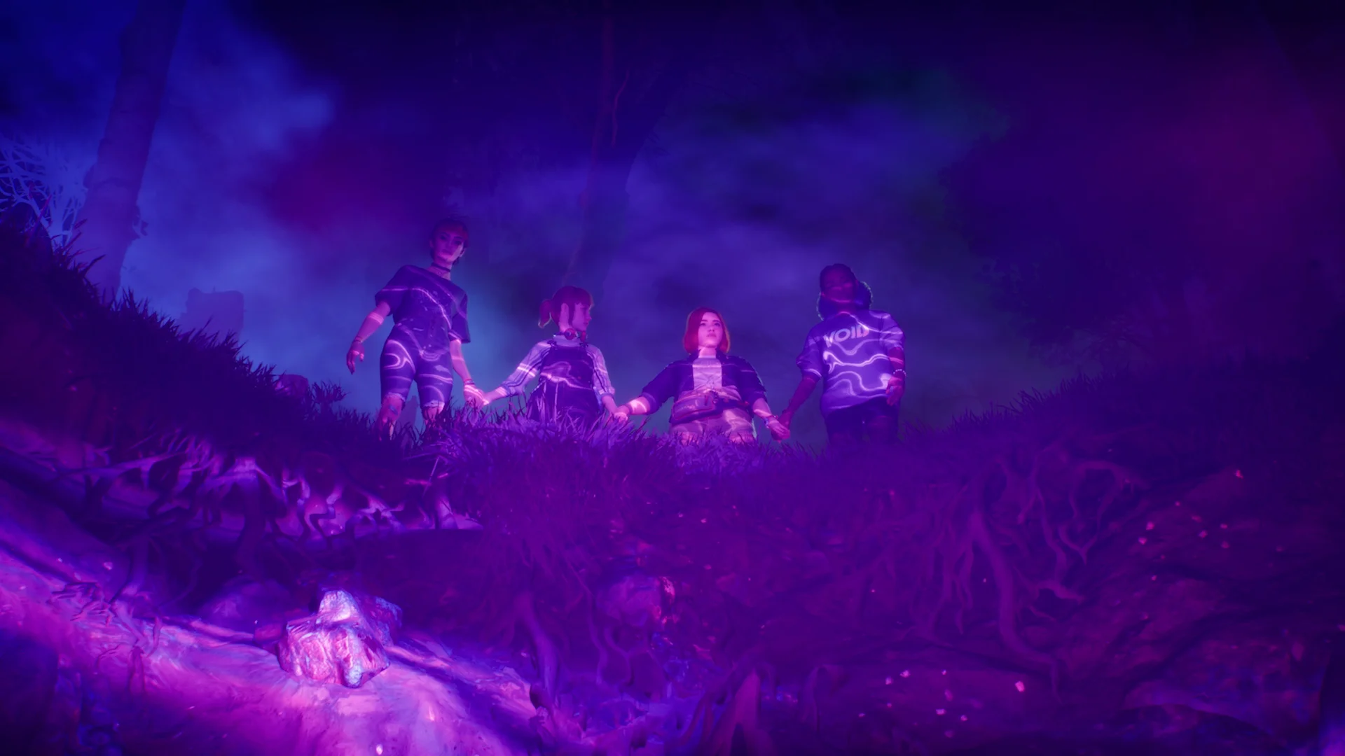 A screenshot from Lost Records: Bloom & Rage. The shot is facing upwards from a hole, and there are four girls at the edge looking down. Everything is drenched in purple light.