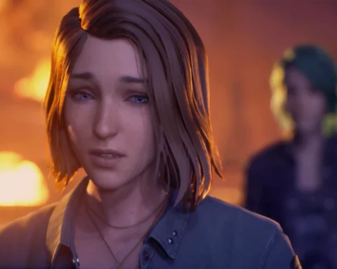 A screenshot of Max and Chloe from Life is Strange: Reunion. Max stands at the centre-left of the image, in focus. She has shoulder-length brown hair and bue eyes, and she is wearing a grey collared shirt with at least the upper buttons open. Behind her, to the right and out of focus, is Chloe. Her distinctive teal hair is her only distinguishing feature.