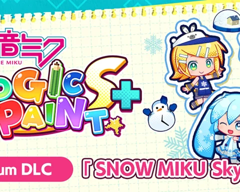 The key art for the Snow Miku Sky Town DLC for Hatsune Miku Logic Paint S+.