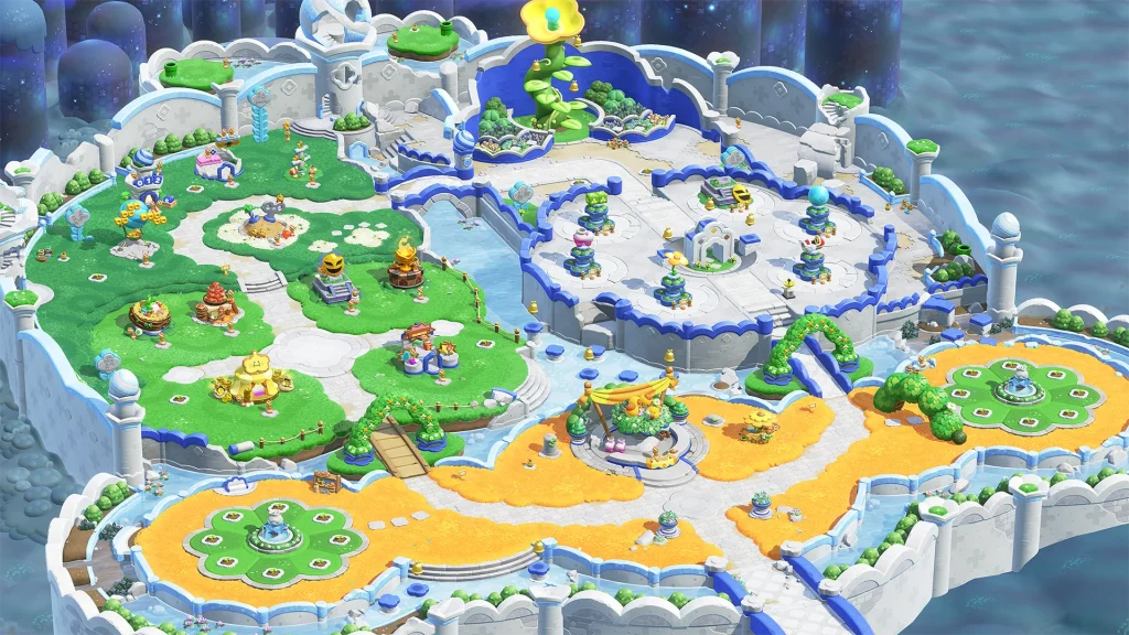 A screenshot of the new attractions of Bellabel Park in Super Mario Bros. Wonder – Nintendo Switch 2 Edition + Meetup in Bellabel Park.
