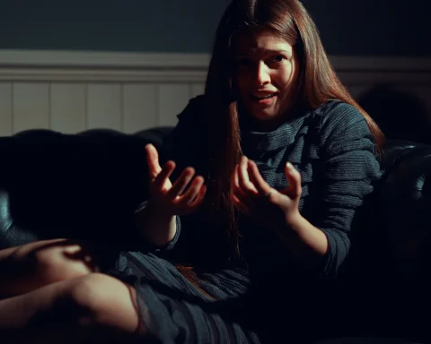 A screenshot of Ophelia in The Infectious Madness of Doctor Dekker 2. She is a girl with long brown hair, sitting on a dark couch. She is wearing all black, and she's holding up her cupped hands in front of her body.