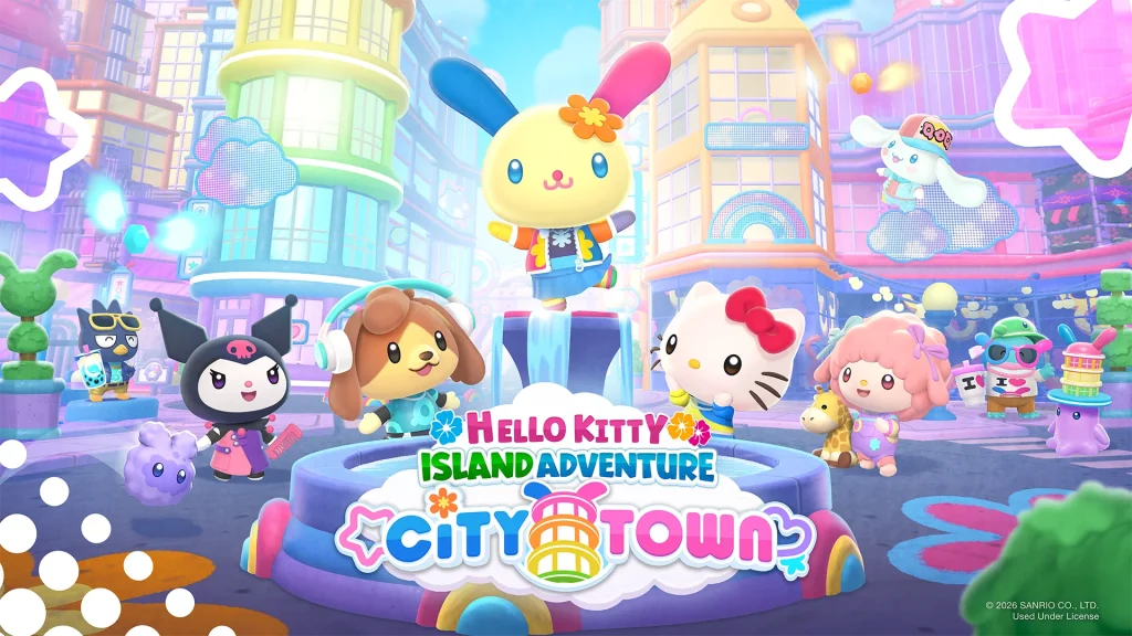 The key art for the City Town DLC for Hello Kitty Island Adventure