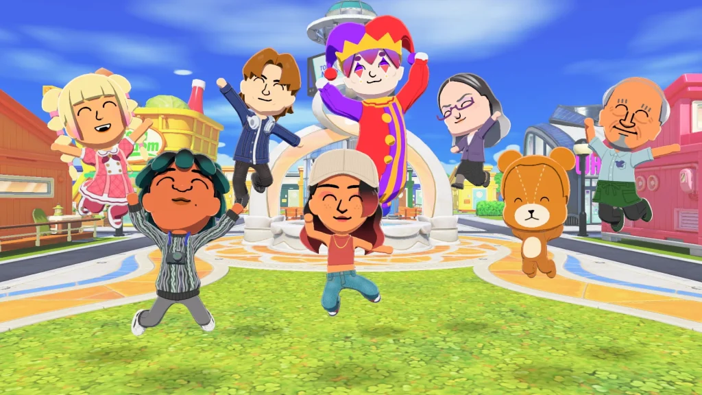 A screenshot from Tomodachi Life: Living the Dream of multiple Miis jumping and cheering.
