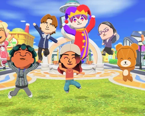 A screenshot from Tomodachi Life: Living the Dream of multiple Miis jumping and cheering.