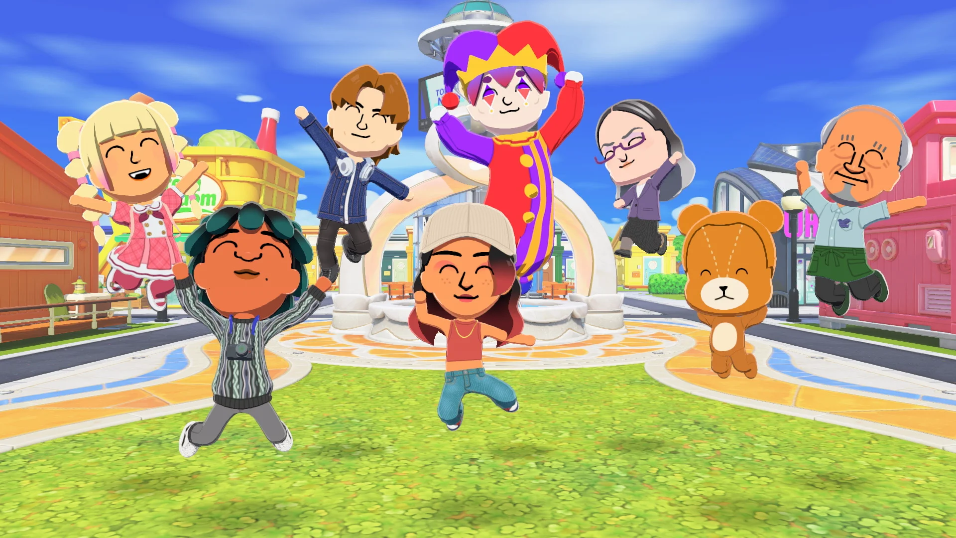 A screenshot from Tomodachi Life: Living the Dream of multiple Miis jumping and cheering.