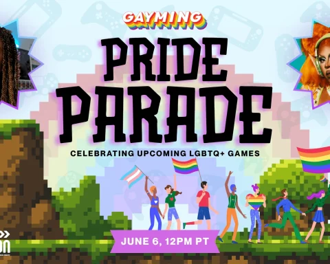 A graphic for the Gayming Pride Parade on June 6, 20206 at 12 pm PT.