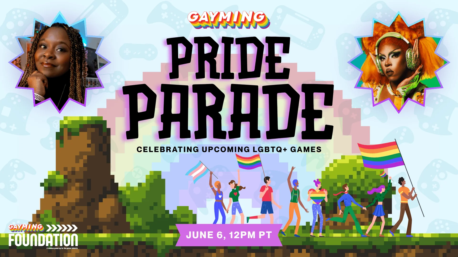 A graphic for the Gayming Pride Parade on June 6, 20206 at 12 pm PT.