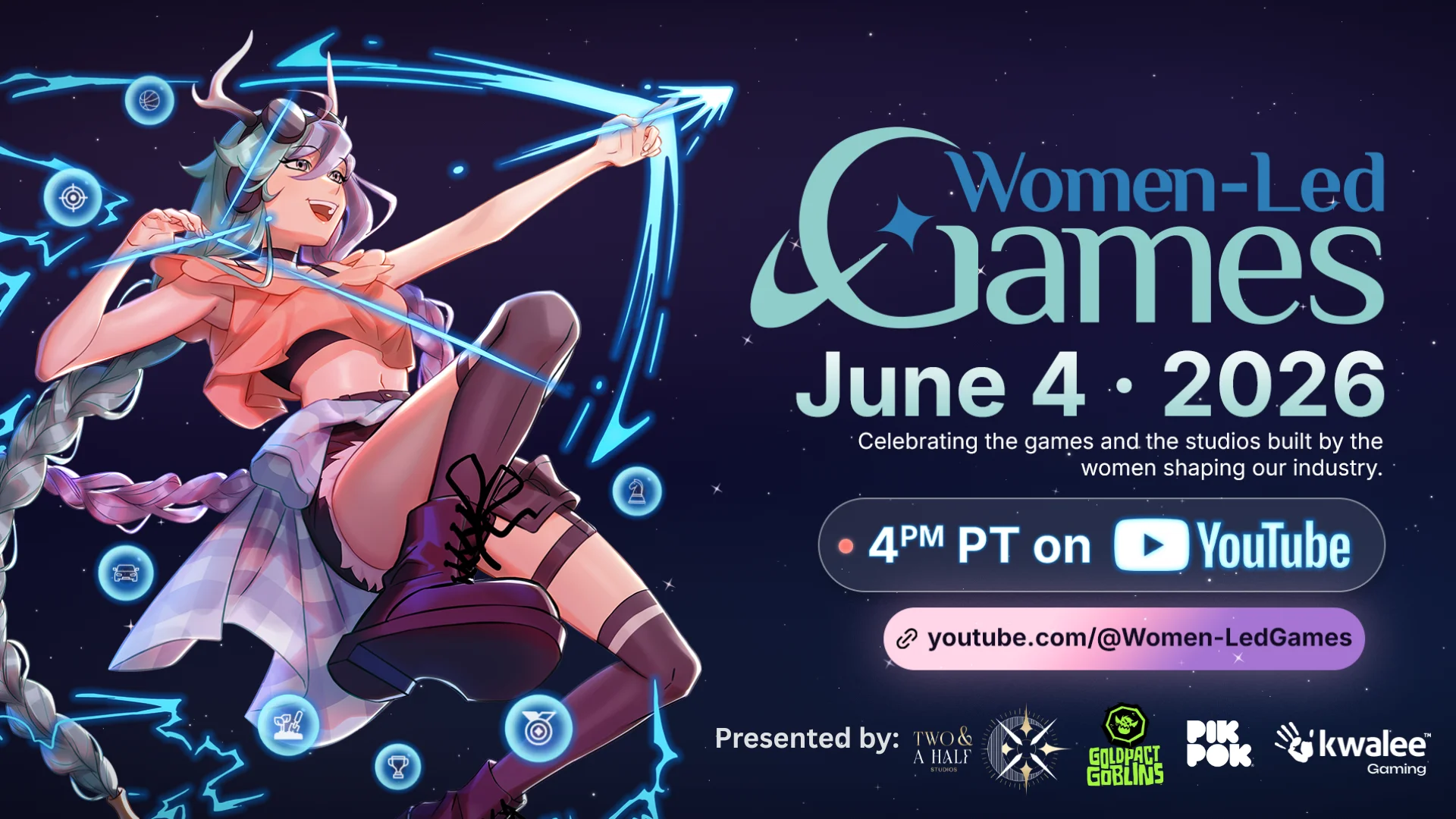 Artwork for the Women-Led Games Showcase on June 4, 2026. It begins at 4 p.m. PT and can be viewed on YouTube.