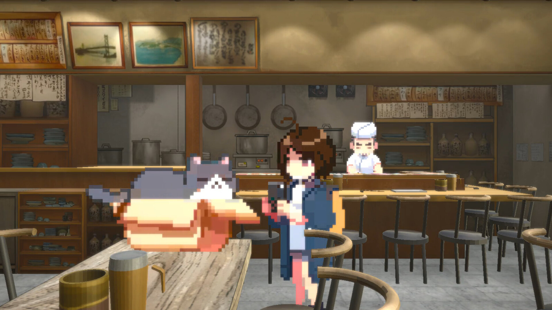 A screenshot of a cat in a box with a girl taking its photo, from Neko Odyssey.